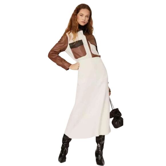 SFIZIO Women's Brown Color Block Faux Leather Patchwork Shacket Size Medium NWOT - Picture 3 of 14